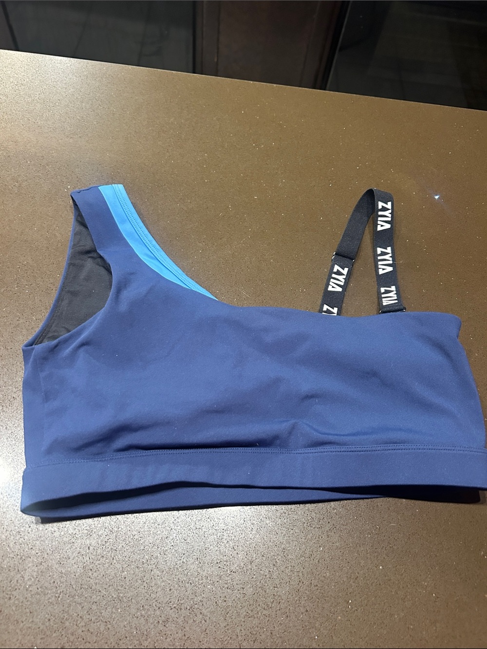 ZYIA Navy One-Shoulder Swim Top with Light Blue Trim